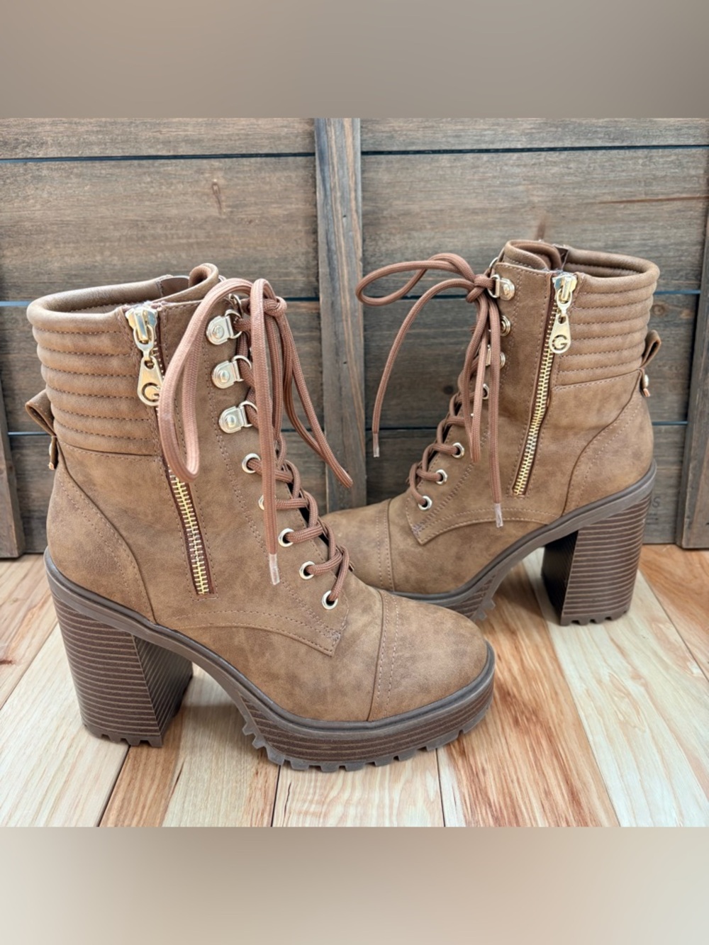 G by Guess Taupe Lace-Up Platform Heel Boots